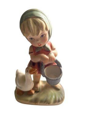 Vintage Hand-Painted Girl & Goose Figurine With Bucket - Made In Japan - Farmhou